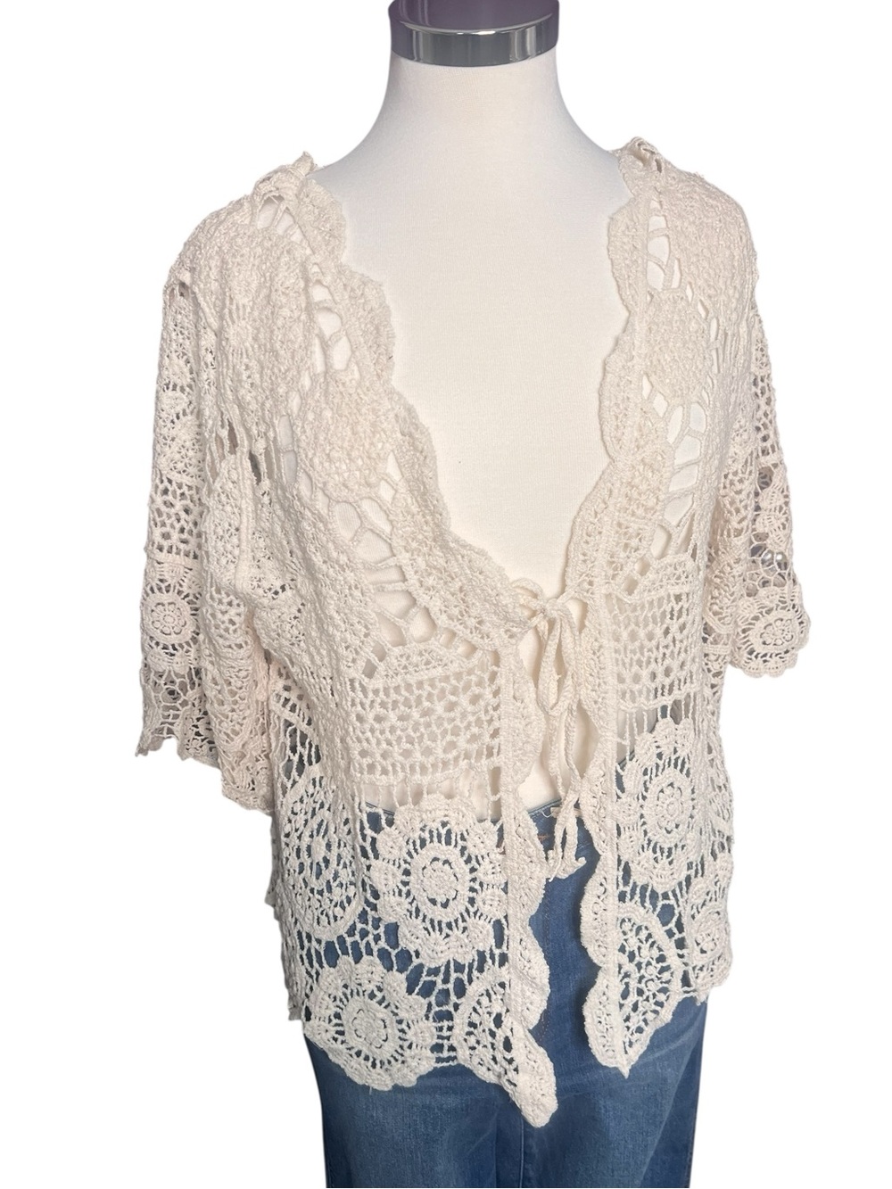 Bohemian 23” Crochet Cotton open knit  short sleeve cardigan